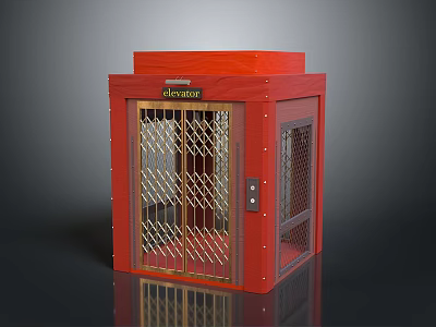 Red Elevator Structure With Golden Grille Door And Top Sign 3d model