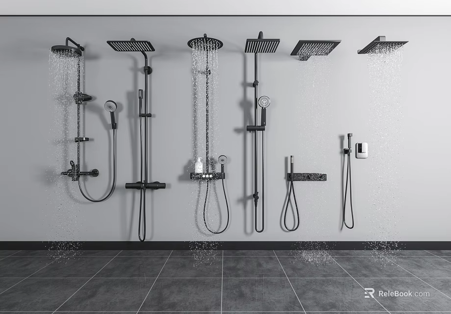 Various Black Modern Wall Mounted Shower Heads with Different Spray Patterns 3d model