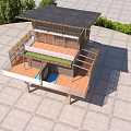 Traditional Wooden House With Elevated Structure Sloped Roof And Glass Terrace In Green Landscape