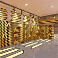 Cheese Themed Store Interior With Colorful Dots Wall Decor Display Shelves And Tables