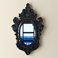 Oval Mirror with Black Carved Frame Hanging on Light Wall Reflecting Outdoor View with Railings