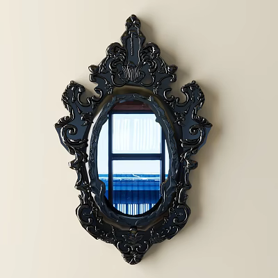 Oval Mirror with Black Carved Frame Hanging on Light Wall Reflecting Outdoor View with Railings 3d model