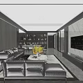 Modern Dining and Living Room Interior With Large Windows Hanging Lights Sofa And Dining Table