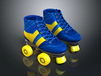 Stylish Blue And Yellow Roller Skates With Laces And Yellow Wheels 3d model