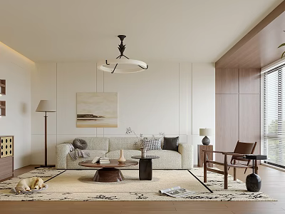 Modern Living Room Interior With Beige Sofa Coffee Table Wooden Elements And Ceiling Light 3d model