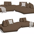 Brown Leather Sectional Sofa with Multiple Cushions and Gray Blanket in Modern Design 3d model