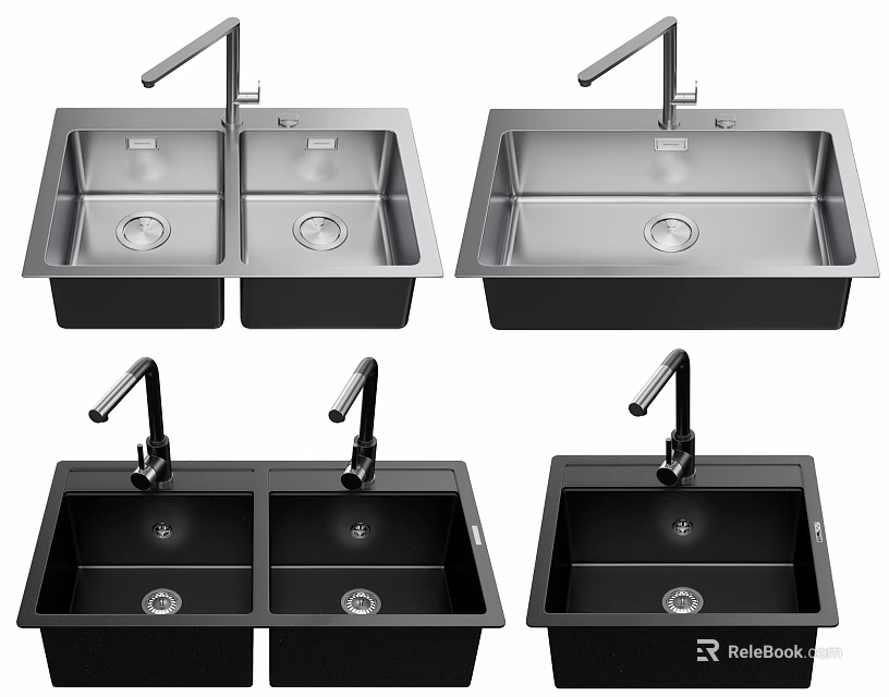 Stainless Steel and Black Kitchen Sinks with Single and Double Bowl and Faucet 3d model 