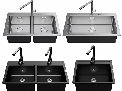 Stainless Steel and Black Kitchen Sinks with Single and Double Bowl and Faucet 3d model
