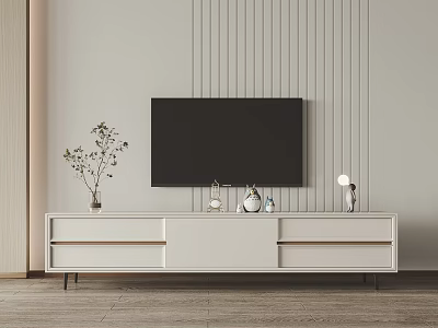 Modern Minimalist TV Stand With Flat Screen TV Decorative Plants And Vertical Striped Wall 3d model
