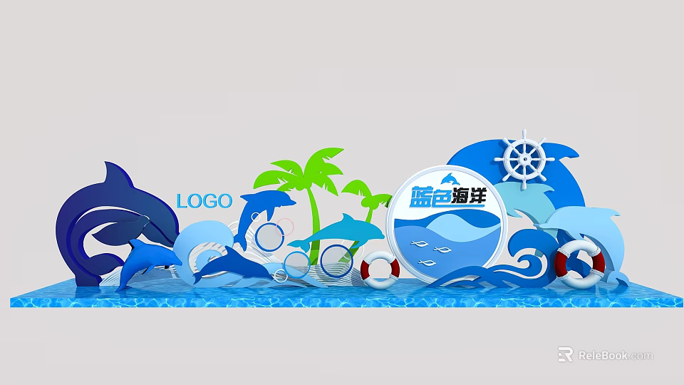 Blue Ocean Themed Photo Spot with Dolphins Waves Palm Trees Ship Wheel and Lifebuoys 3d model 