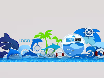 Blue Ocean Themed Photo Spot with Dolphins Waves Palm Trees Ship Wheel and Lifebuoys 3d model