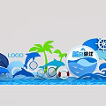 Blue Ocean Themed Photo Spot with Dolphins Waves Palm Trees Ship Wheel and Lifebuoys
