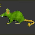 3D Green Rodent Character With Yellow Ears And Tail Standing On Reflective Surface