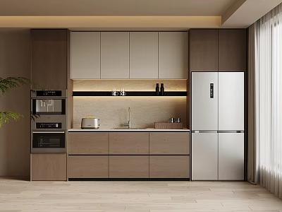 Modern Wine Cabinet In Kitchen With Glass Doors And Wooden Storage Shelves 3d model
