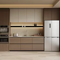Modern Wine Cabinet In Kitchen With Glass Doors And Wooden Storage Shelves