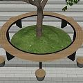 Circular Wooden Tree Pit With Surrounding Seating And Small Stools On Paved Ground 3d model