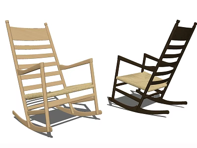 Two Wooden Rocking Chairs With Striped Backrest And Woven Seats In Light And Dark Tones 3d model
