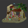 Cartoon Scene With Small Hut Red Awning Palm Tree Colorful Items And Flying Birds