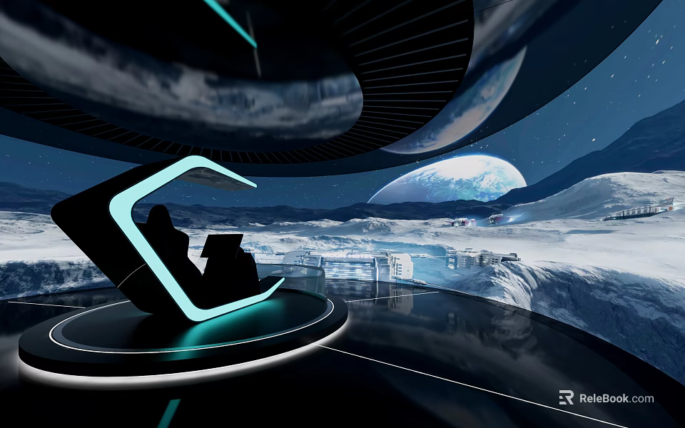 Futuristic Glowing Seat On Icy Planet Surface With Large Moon And Starry Sky 3d model 