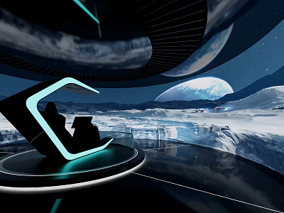 Futuristic Glowing Seat On Icy Planet Surface With Large Moon And Starry Sky 3d model