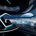 Futuristic Glowing Seat On Icy Planet Surface With Large Moon And Starry Sky