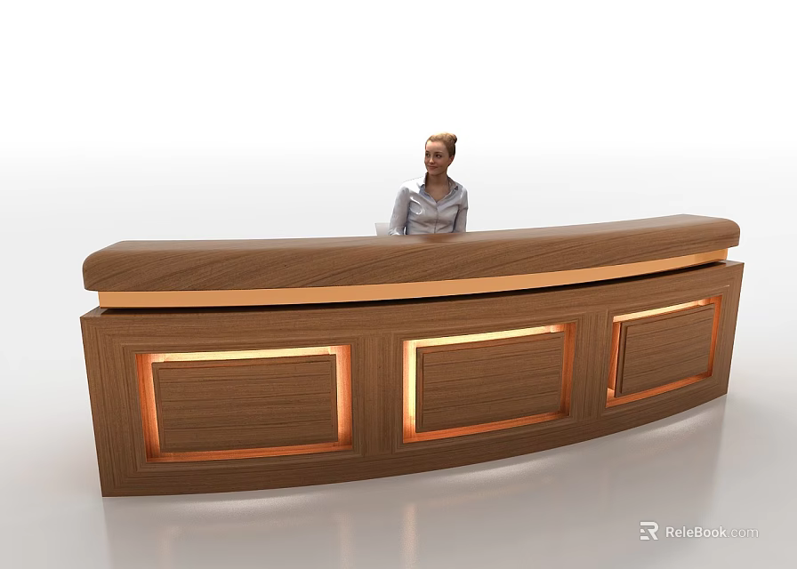 Elegant Modern Wooden Curved Reception Desk With Illuminated Panels And Receptionist 3d model 