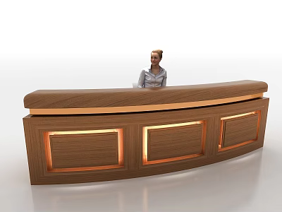 Elegant Modern Wooden Curved Reception Desk With Illuminated Panels And Receptionist 3d model