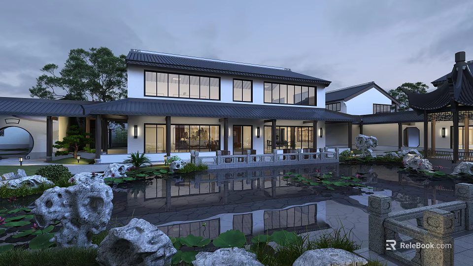 Traditional Chinese Garden Landscape Featuring Pond Rockery Lotus and Building Reflections 3d model 