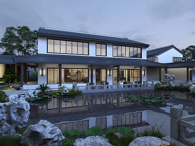 Traditional Chinese Garden Landscape Featuring Pond Rockery Lotus and Building Reflections 3d model