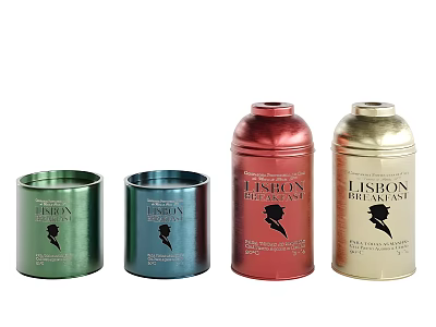Colorful Metallic Tea Tins With Lisbon Tea Logo 3d model