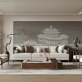Traditional Chinese Living Room Interior With Sofa Coffee Table Armchairs And Oriental Mural