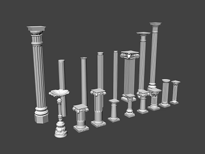 Classical Style 3D Rendered White Columns With Various Heights Diameters And Capital Designs 3d model