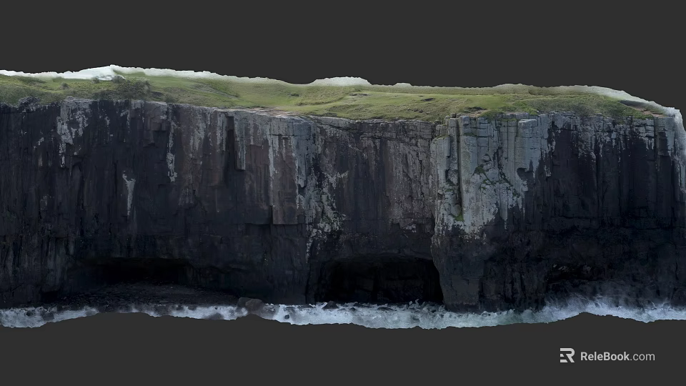 Microtopography of Coastal Cliff With Green Grass Black Rock and Ocean Waves 3d model 