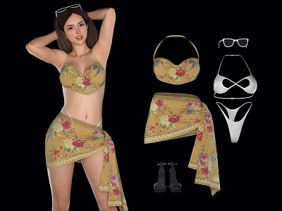 Stylish Yellow Floral Print Bikini Top And Sarong Women Beachwear With Sunglasses 3d model