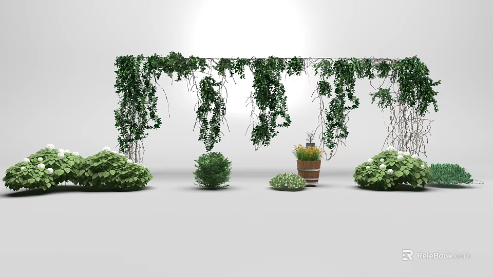 Lush Green Vines Covering Arch Trellis With Surrounding Bushes And Wooden Barrel Planter 3d model 