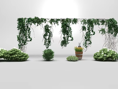 Lush Green Vines Covering Arch Trellis With Surrounding Bushes And Wooden Barrel Planter 3d model