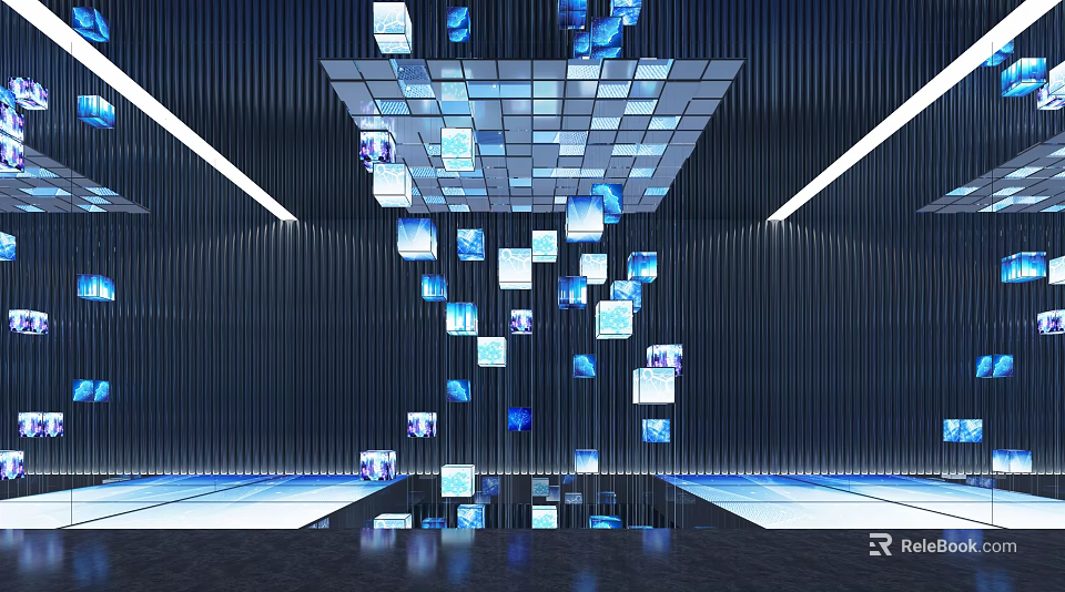 Floating Blue White Squares Modern Art Installation Dark Striped Walls Reflective Floor Grid Ceiling 3d model 