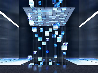 Floating Blue White Squares Modern Art Installation Dark Striped Walls Reflective Floor Grid Ceiling 3d model