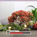Red Shrubs Surrounded by Various Plants Large Green Leaves and Purple Flowers with Lights