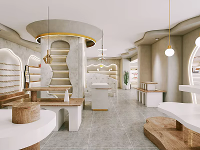 Modern Mall Store Interior With Curved Design Wooden White Counters And Hanging Lights 3d model