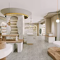 Modern Mall Store Interior With Curved Design Wooden White Counters And Hanging Lights