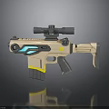 3D Rendered Gun with Golden Body Blue Accents Tactical Scope and Modern Futuristic Design