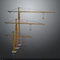 Three Orange Tower Cranes With Tall Structure Extended Boom On Gray Background 3d model