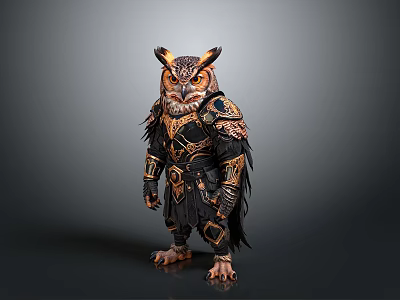 Mythical Owl Warrior In Detailed Black Gold Armor With Ornate Accents 3d model