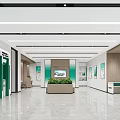 Modern Bank Lobby Interior With Reception Desk Seating Green Plants And Wall Posters