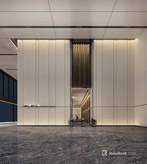 Modern Front Desk Reception Area With White Paneled Walls Wooden Accents And Gray Marble Floor 3d model 