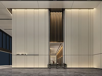 Modern Front Desk Reception Area With White Paneled Walls Wooden Accents And Gray Marble Floor 3d model