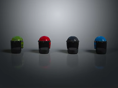 Weapon Helmets in Green Red Black Blue with Protective Masks and Reflective Surface 3d model