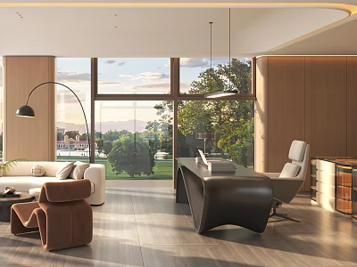 Elegant Modern Office Interior With Large Windows Green Landscape And Wooden Furniture 3d model