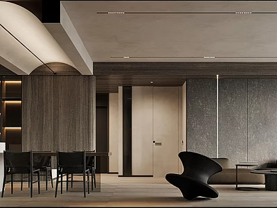 Modern Living And Dining Room Interior With Wooden Accents Sofa Dining Table And Ceiling Lights 3d model